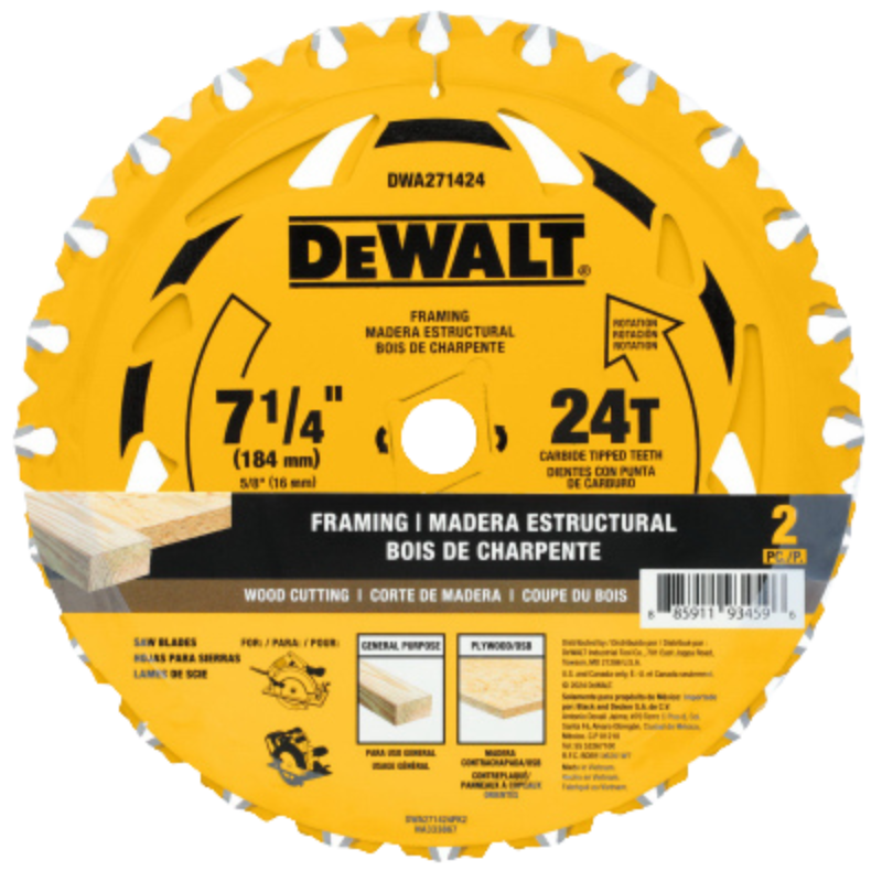 7-1/4" DeWalt 24T Carbide Tipped Circular Saw Blade - 2/pack
