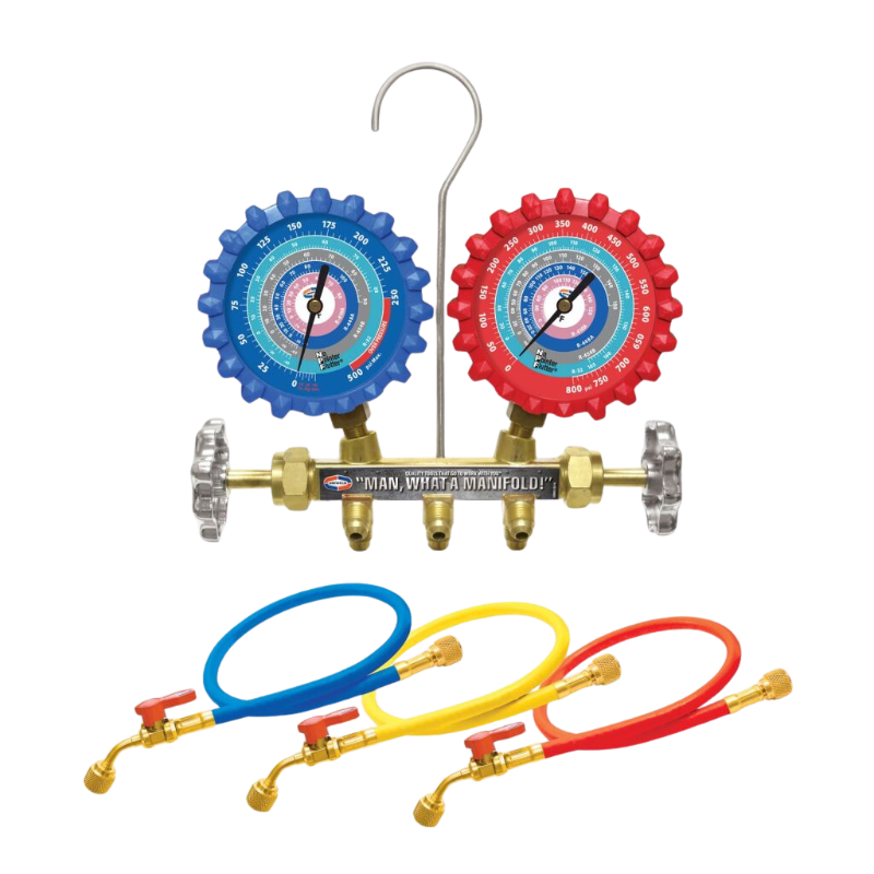A2L 2 Valve Spirit Manifold with 3-1/8" NPF Gauges - With 5' Ball Valve Hoses