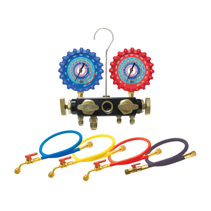 A2L 4 Valve Aluminum Manifold with 3-1/8" NPF Gauges - With 5" Ball Valve Hoses